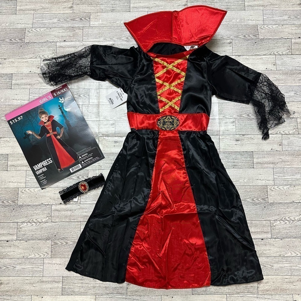 Morph Costumes | Vampiress Dress Set | Size Girls S(6/6X) | Black & Red
